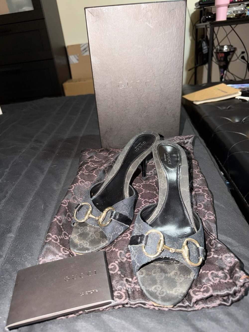 Gucci Black GG Canvas Horsebit Kitten Heel Sandals Size 9.5B